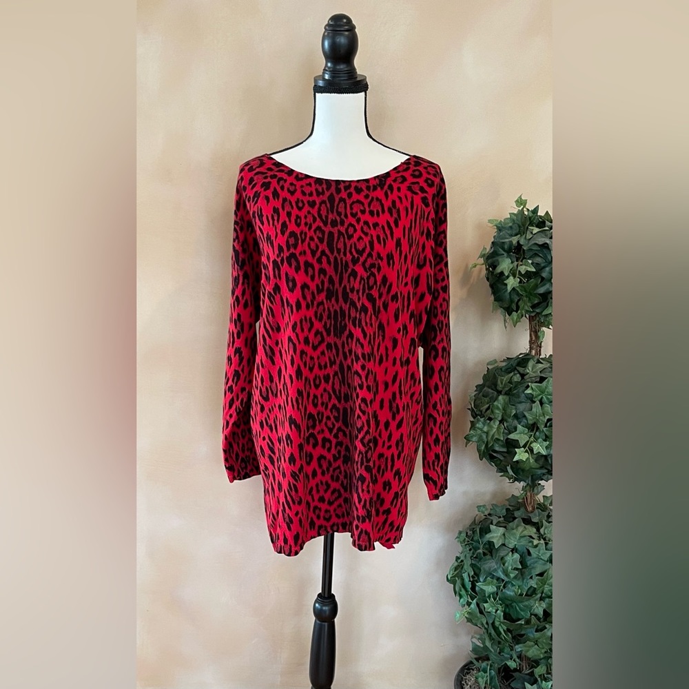 INC International Concepts Red & Black Leopard Print Boat Neck Sweater XXL